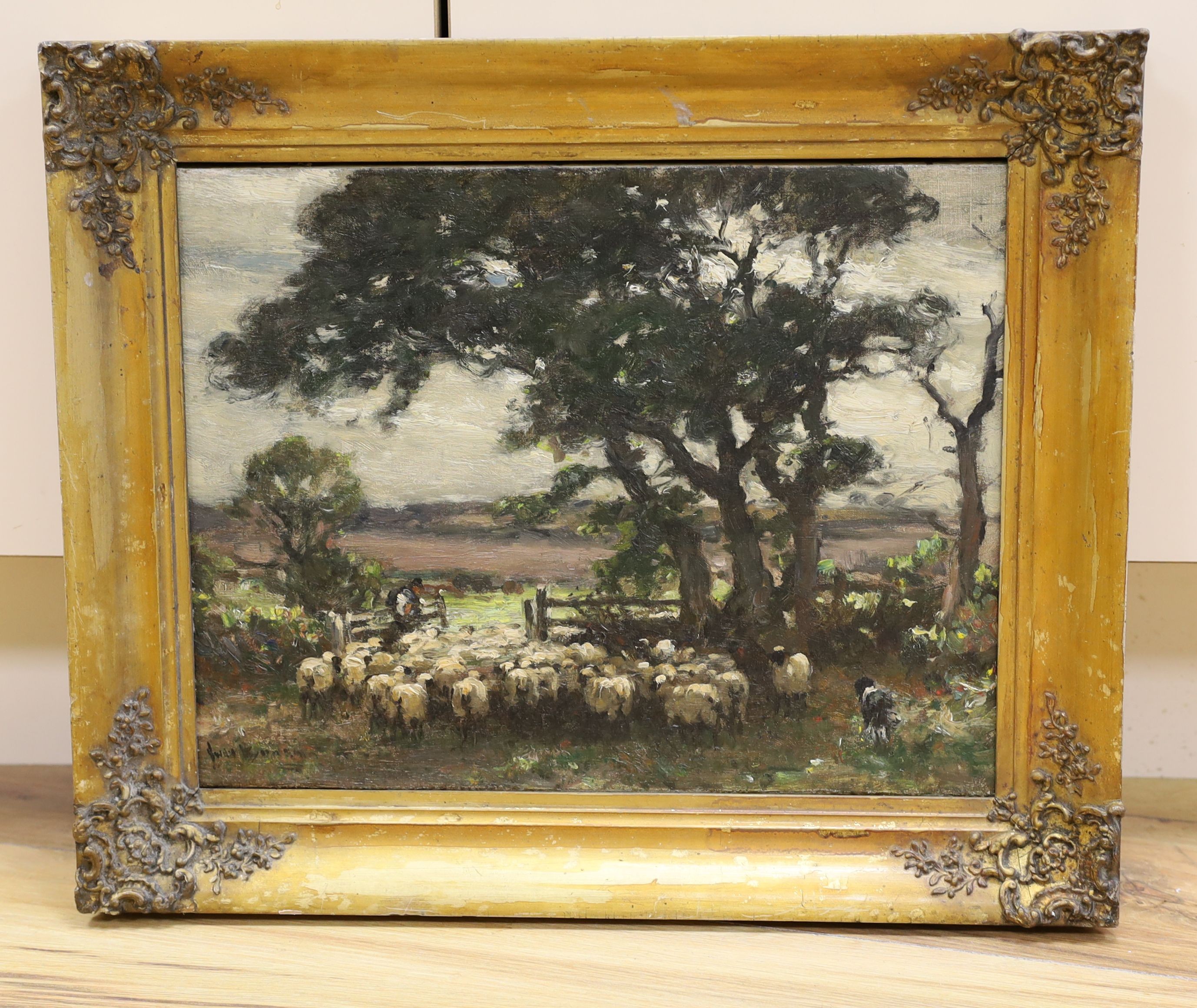 Owen Bowen (1873-1967), oil on canvas board, Shepherd and flock, signed, 28 x 36cm